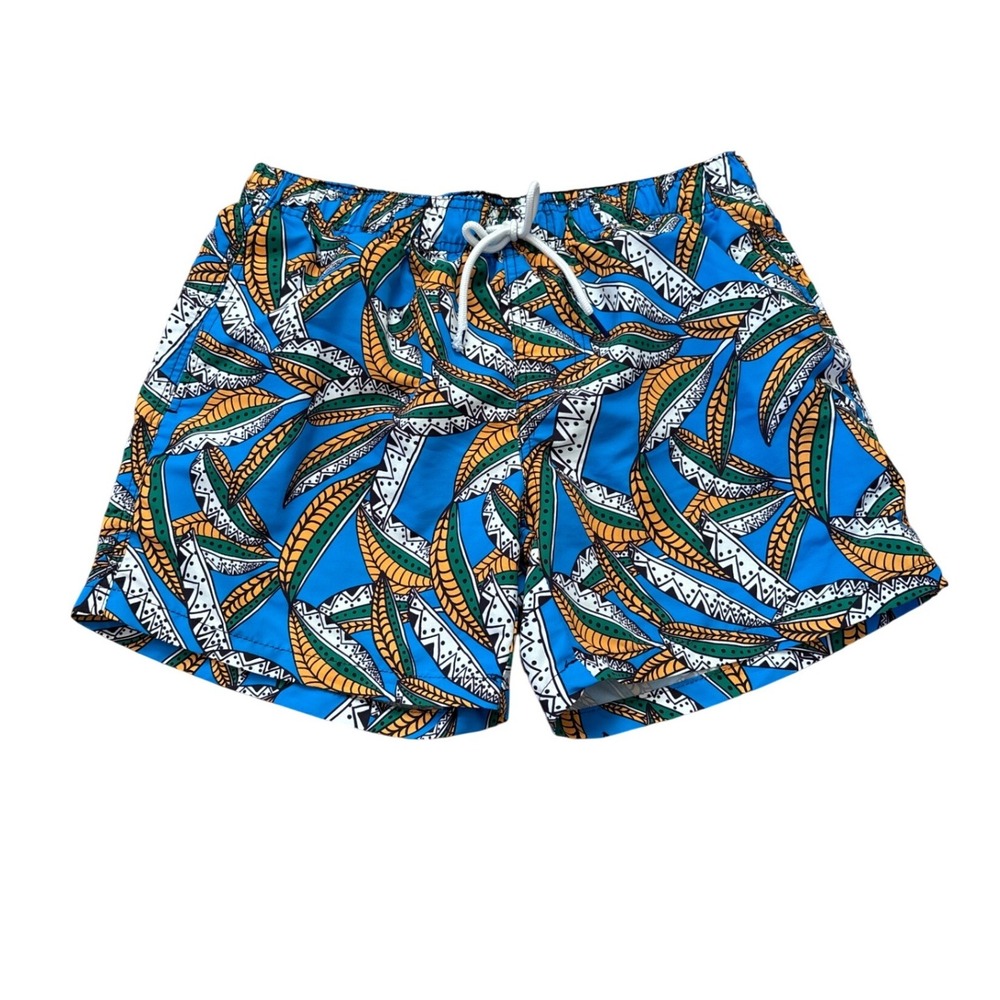 Piombo Swim Trunks Mens Blue Tropical Leaf Tribal‎ Print Drawstring SIZE Medium
